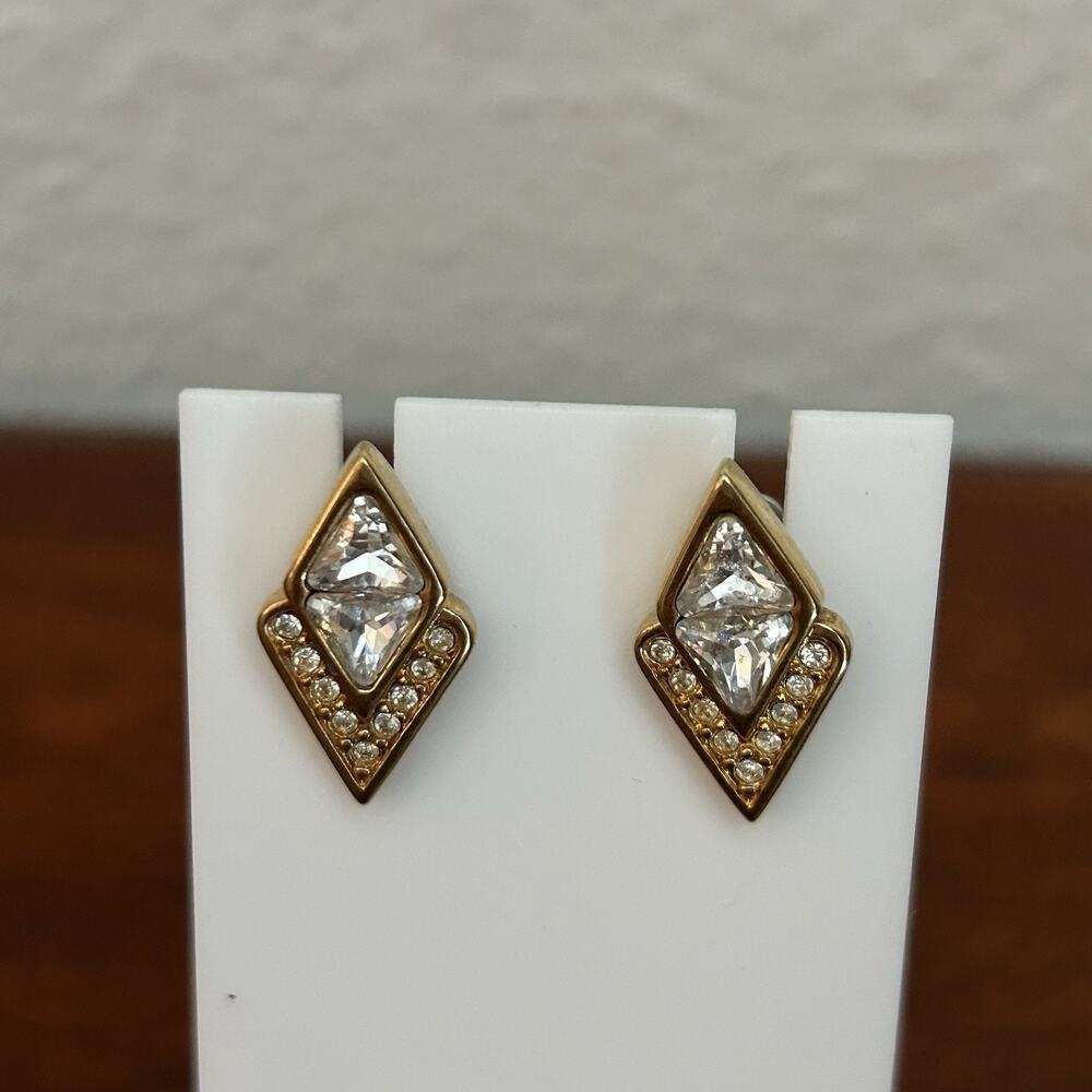SWAROVSKI vintage gold-plated clear rhinestone earrings - SAL diamond-shape stud
